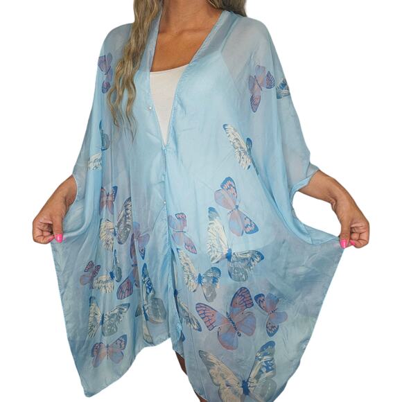 Blue Butterfly Poncho One Size Sheer See Through Whimsical Fairy Fairycore - Picture 3 of 14